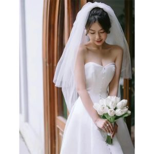 Vestido de boda de satén y chiffon de alta gama, personalizado, con estilo coreano y personalidad, exclusivo y sexy, sin tirantes